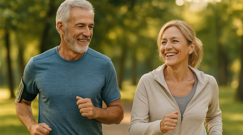Older couple jogging outdoors for heart health