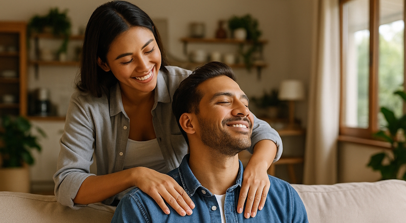 Woman teasing man playfully in bedroom