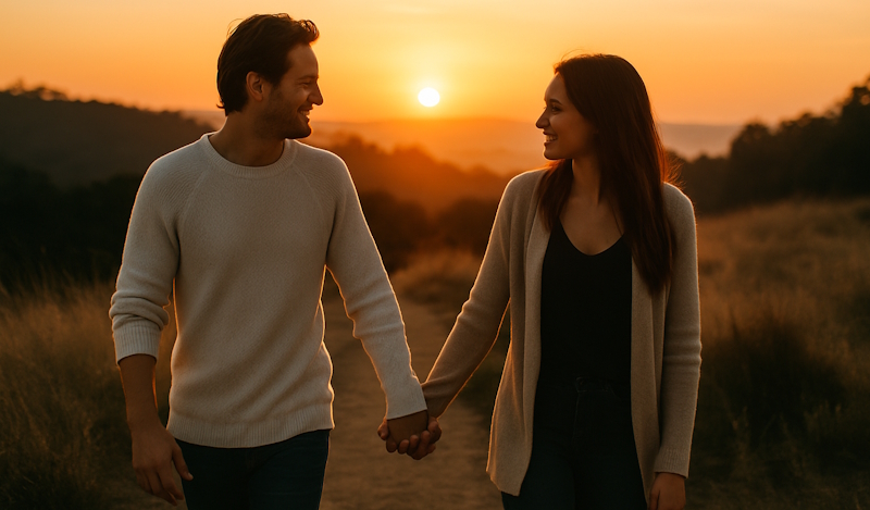 Couple holding hands outdoors at sunset