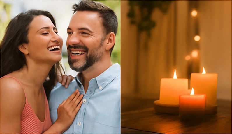 Couple laughing and hugging after compliment
